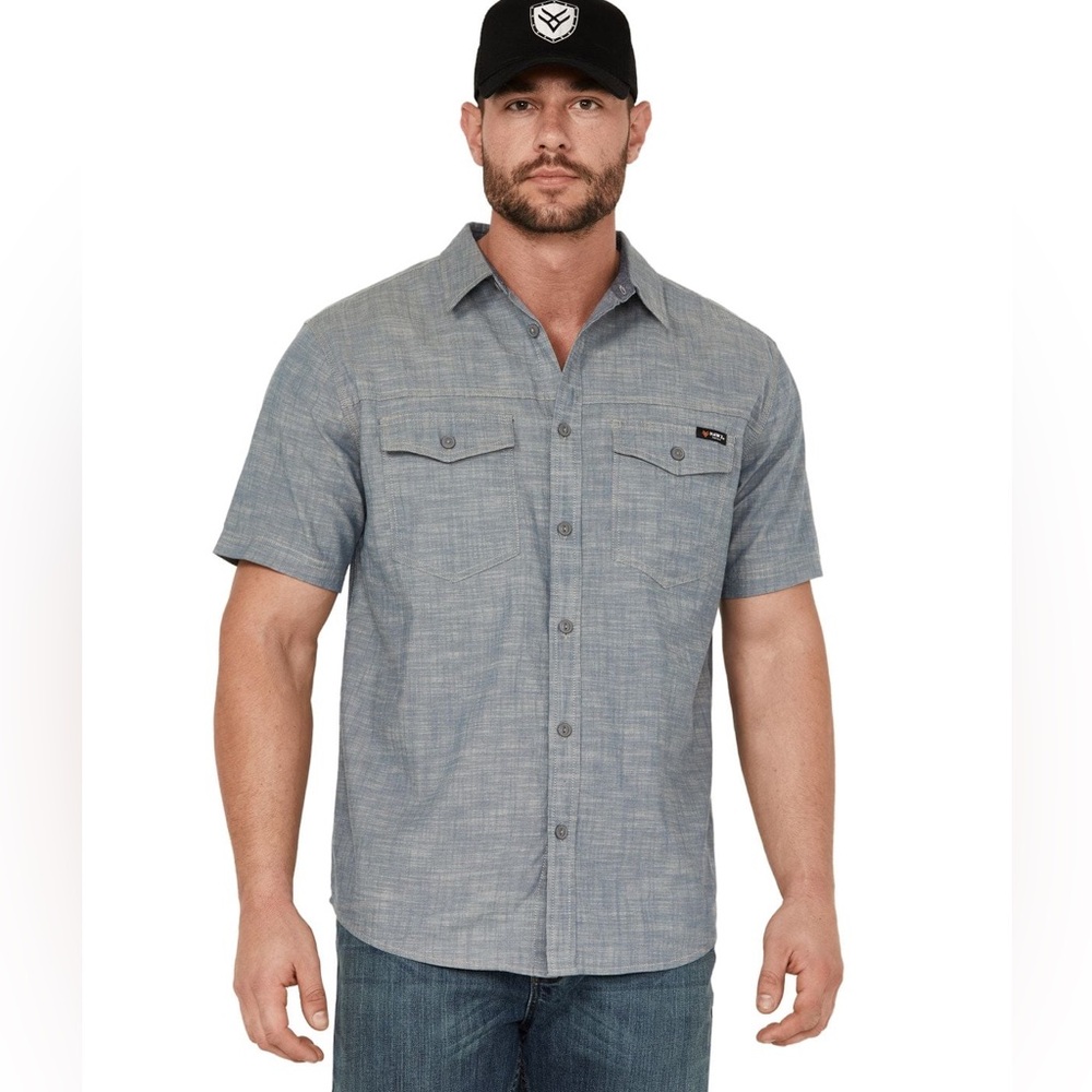 Hawx Men's Chambray Short Sleeve Button-Down Stretch Work Shirt Size Large EUC